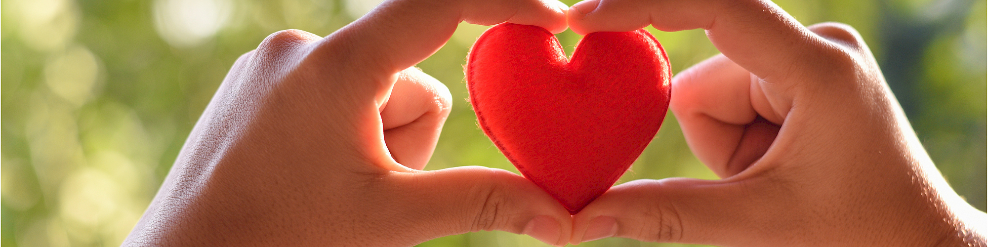 Two hands form a heart around a red heart-shaped object, symbolizing love and care.