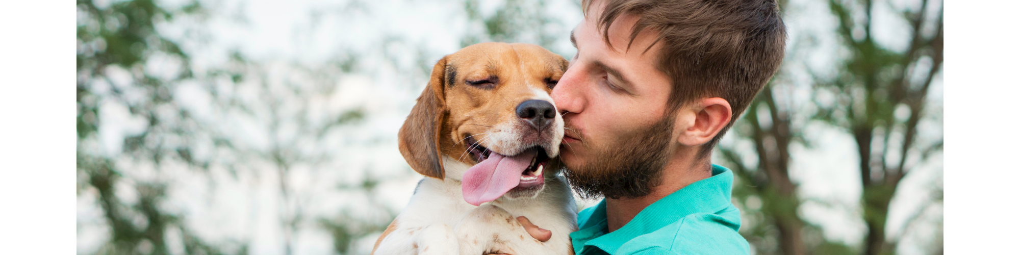 A man in a turquoise shirt holds a joyful beagle puppy, giving a kiss on the head in an outdoor park.