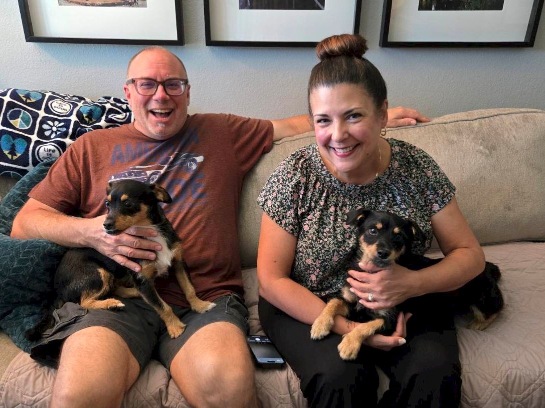 A smiling couple sits on a couch with two small dogs, both dogs held gently, casual home setting with framed art on the wall.