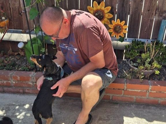 A man in a brown shirt and shorts kneels to pet a small black dog in front of a flower-decorated garden; sunny outdoor scene.