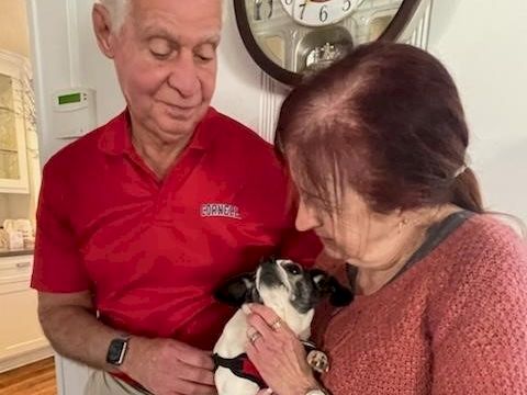 Two older adults admire a small black-and-white puppy, gently cradling it between them near a clock on the wall.