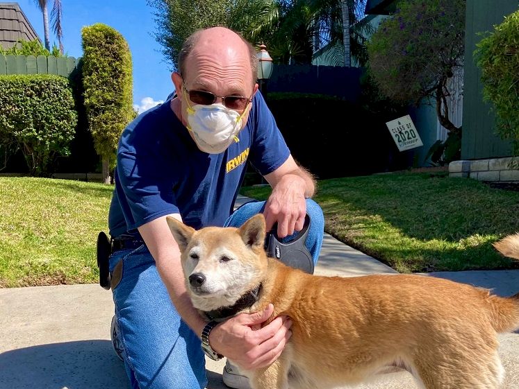 A man wearing a mask kneels and pets a small tan dog on a sunny sidewalk.