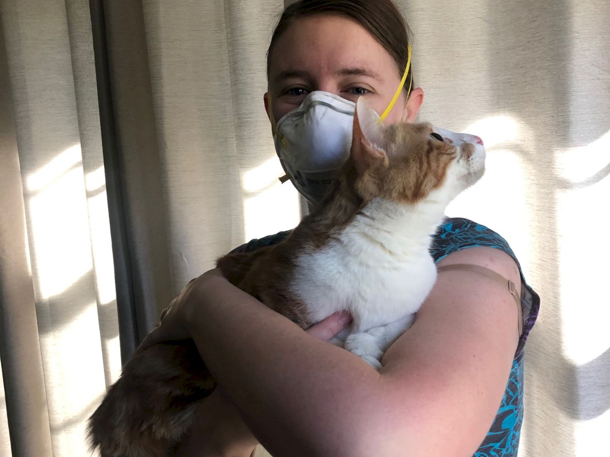 A person wearing a mask holds a fluffy cat, standing by curtains with light rays, capturing a cozy moment indoors.