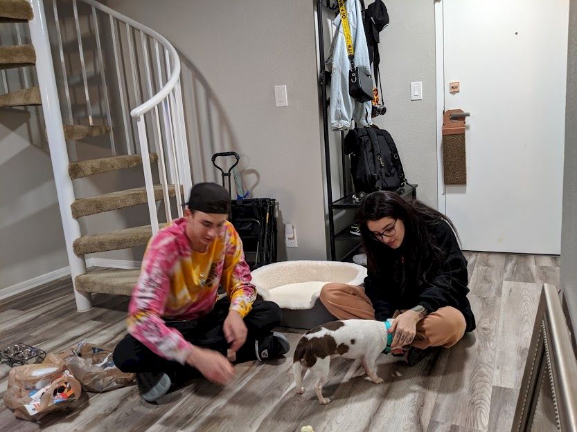 Two people sit on the floor with a small white dog, indoors near a staircase and closet; they&rsquo;re gently playing with the dog.